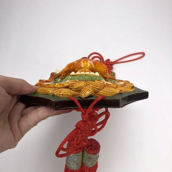 Chinese Yin Yang Dragon Hanging Plaque Pottery Red Tassels Guardian Feng Shui